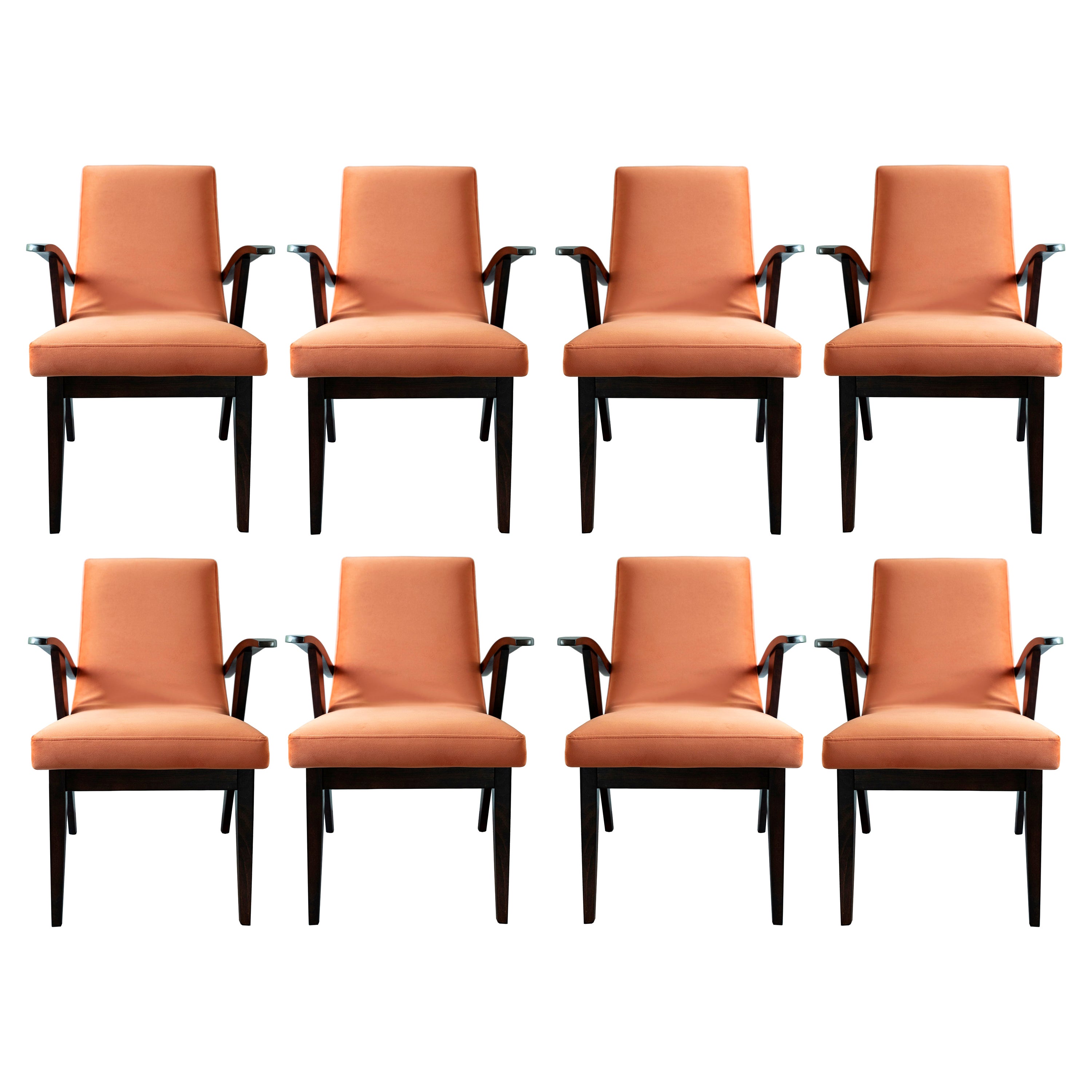 Set of Eight Vintage Chairs in Orange Velvet by Mieczyslaw Puchala, 1960s