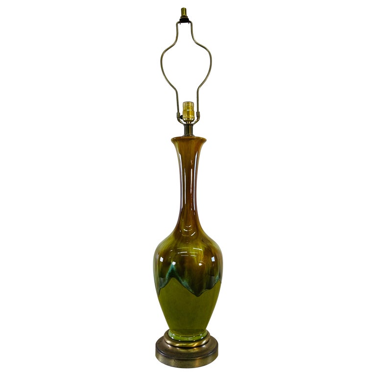 1960s Brown & Green Drip Glaze Ceramic Table Lamp For Sale