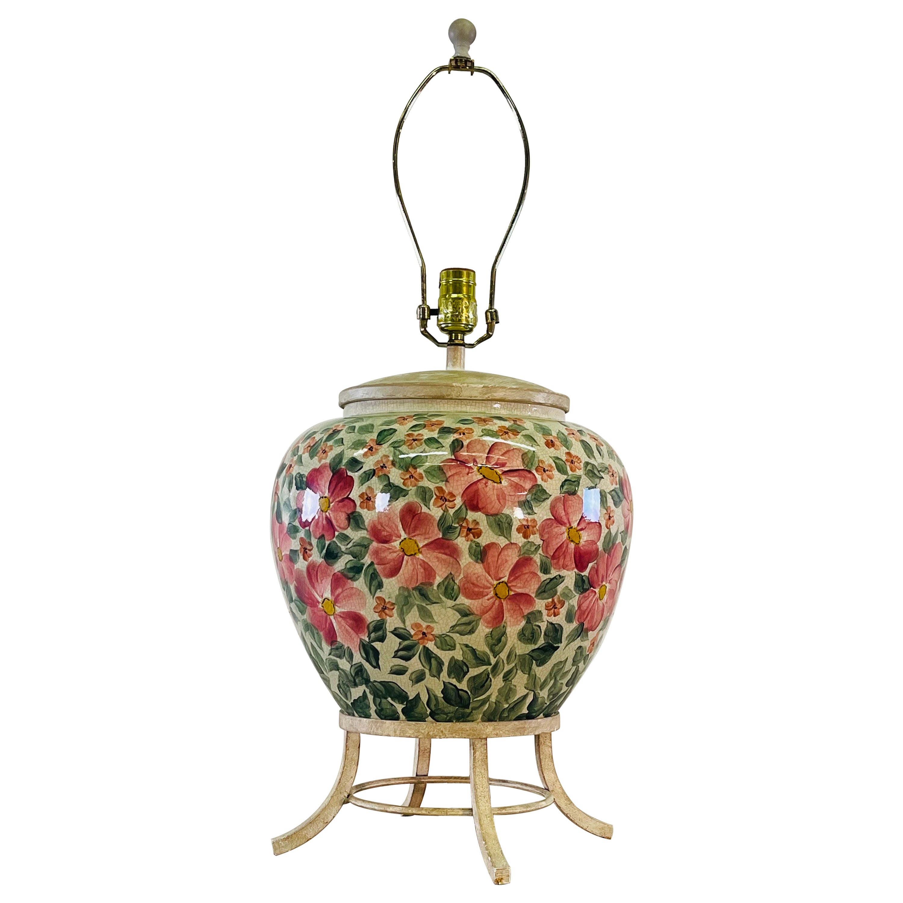 Floral Ceramic Round Table Lamp For Sale