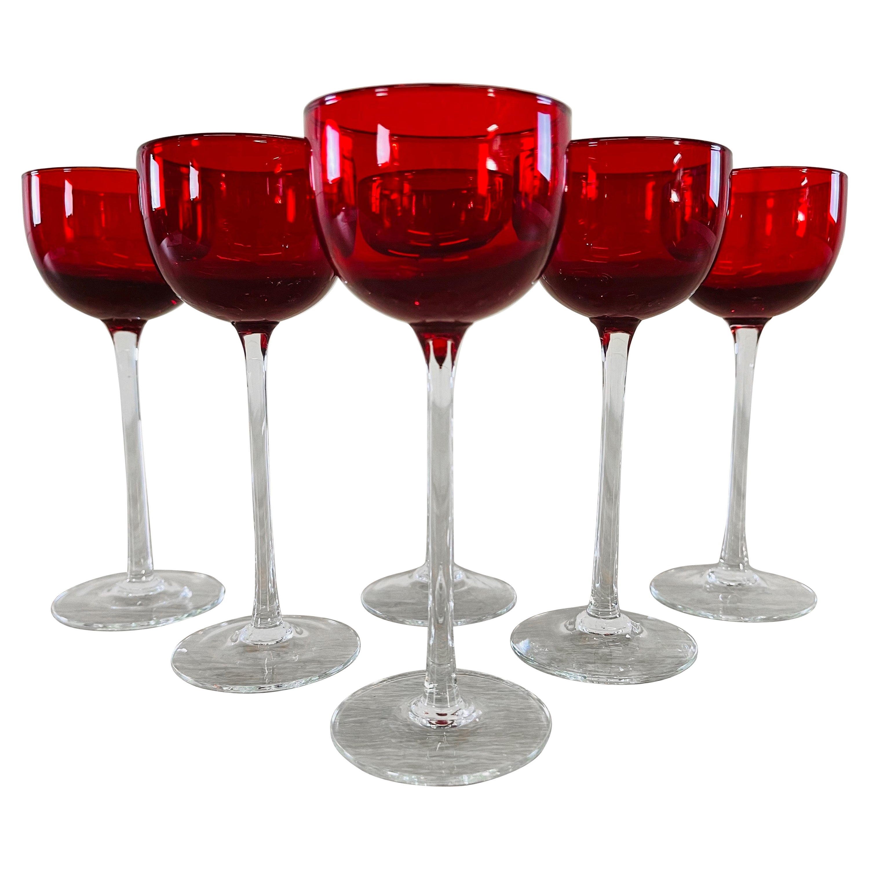 VTG 2 Mid Century Bohemian Cut Clear Crystal Oxblood Red Cordial Glasses 5 1/4” 