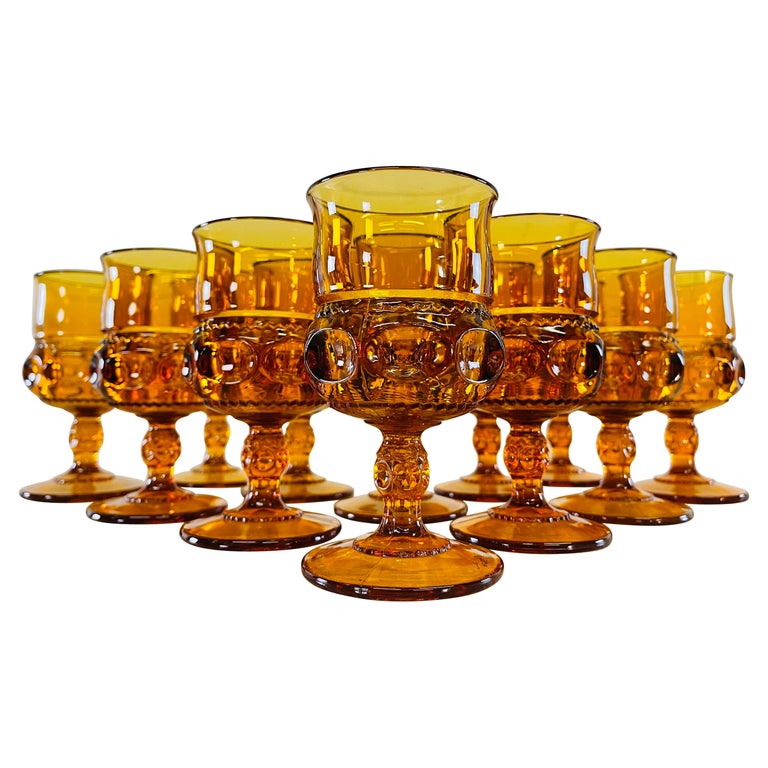 1960s Amber Thumbprint Glass Water Stems, Set of 12 For Sale