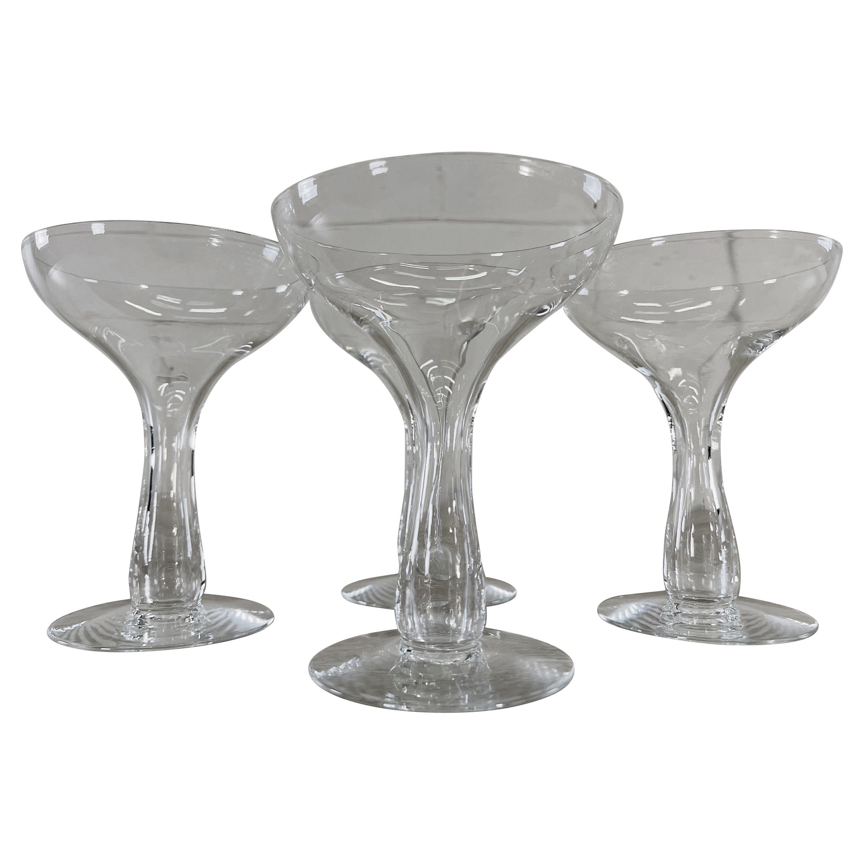 1950s Clear Glass Hollow Stem Coupes, Set of 4