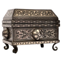 Antique 19th Century Indian Bidriware Pandan Silver & Brass Casket Jewelry Box 