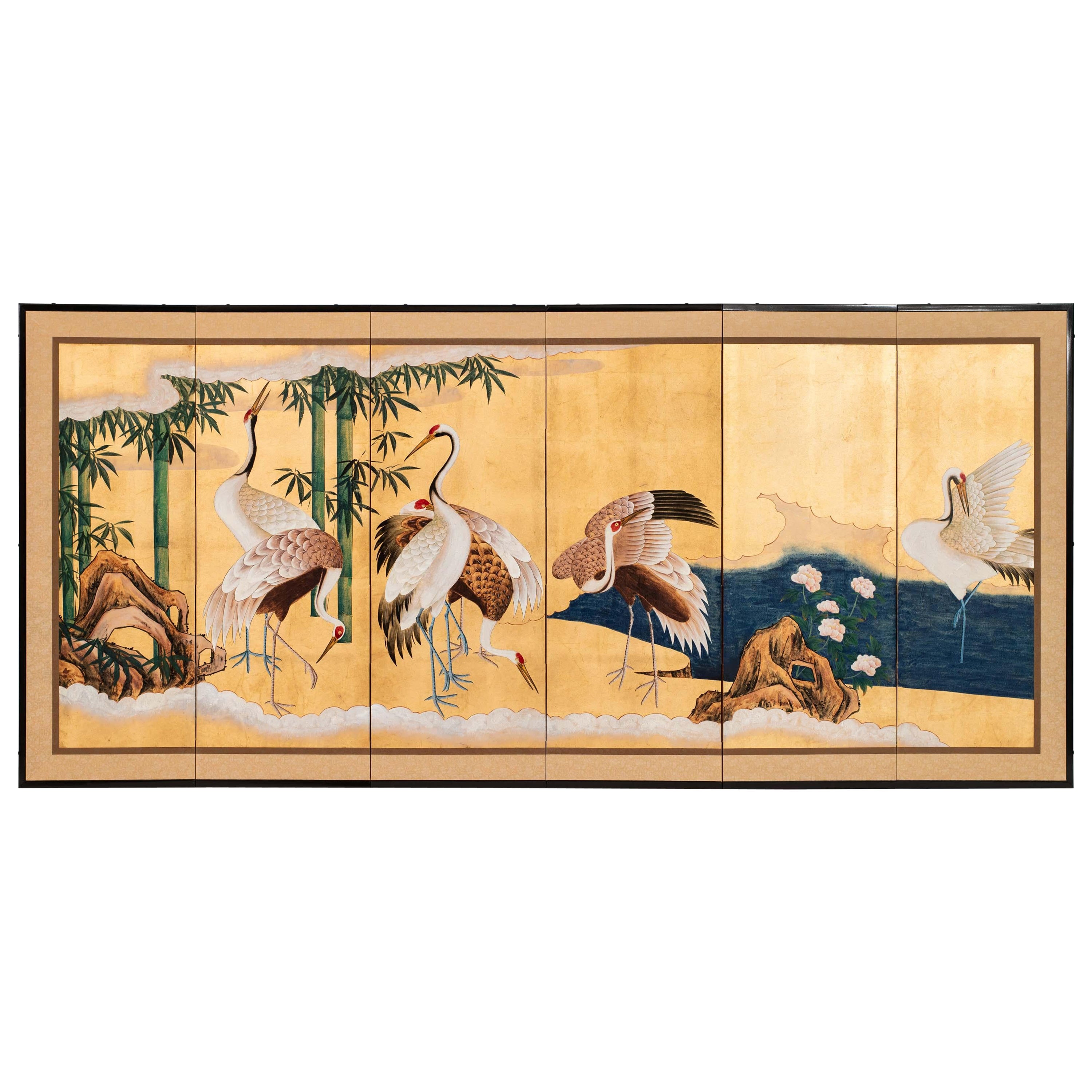Contemporary Hand-Painted Japanese Screen of Gathering of Cranes