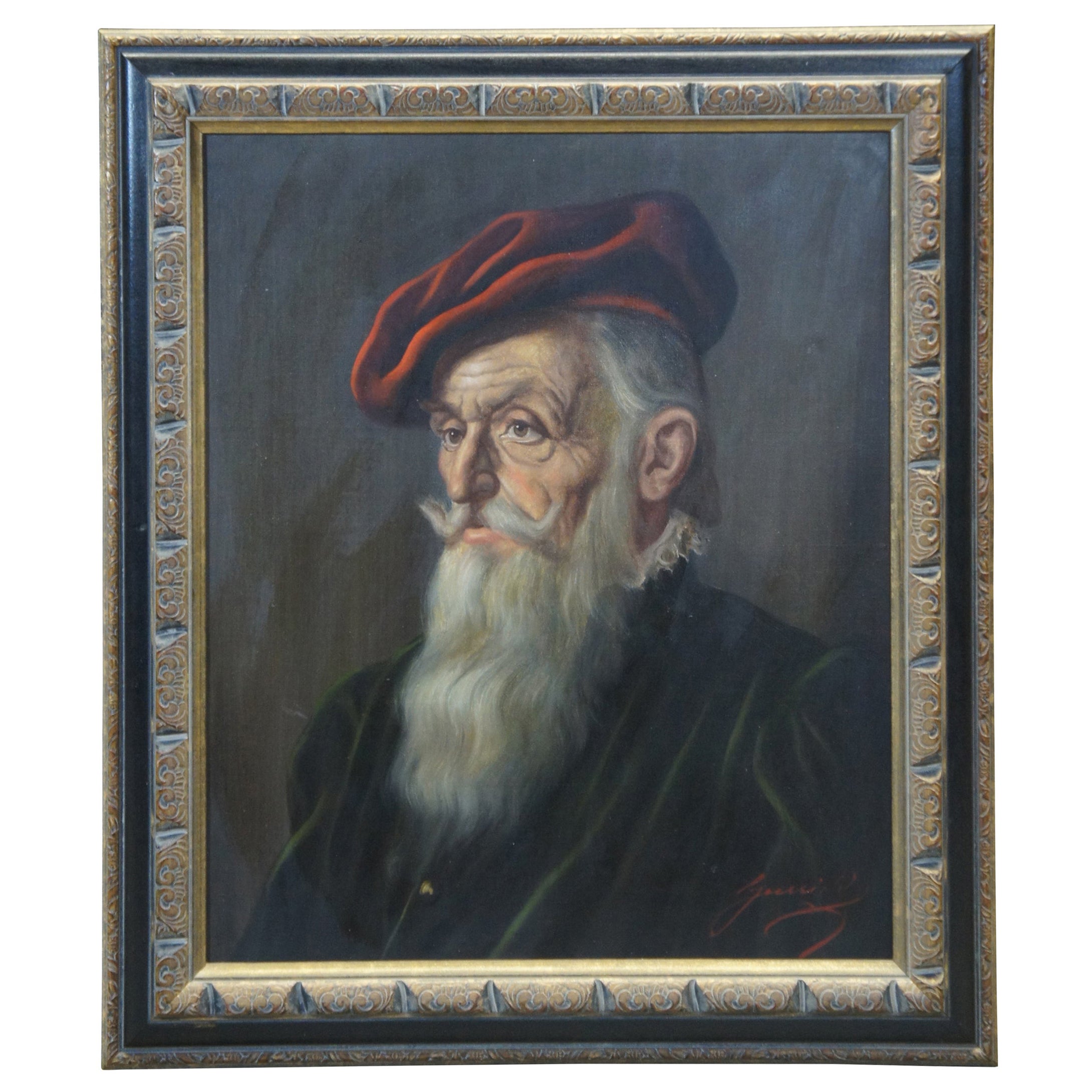 Vintage Oil on Canvas Jeno Gussich Portrait of Old Man Red Beret Realism