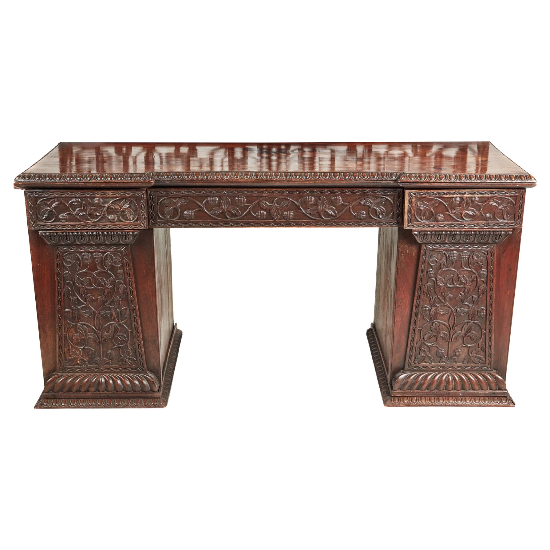 Antique Ornate Carved Anglo-Indian Oak Padauk Breakfront Pedestal Sideboard For Sale