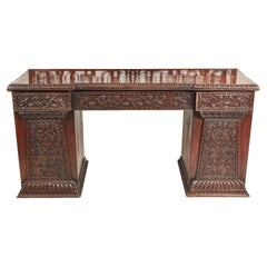 Antique Ornate Carved Anglo-Indian Oak Padauk Breakfront Pedestal Sideboard