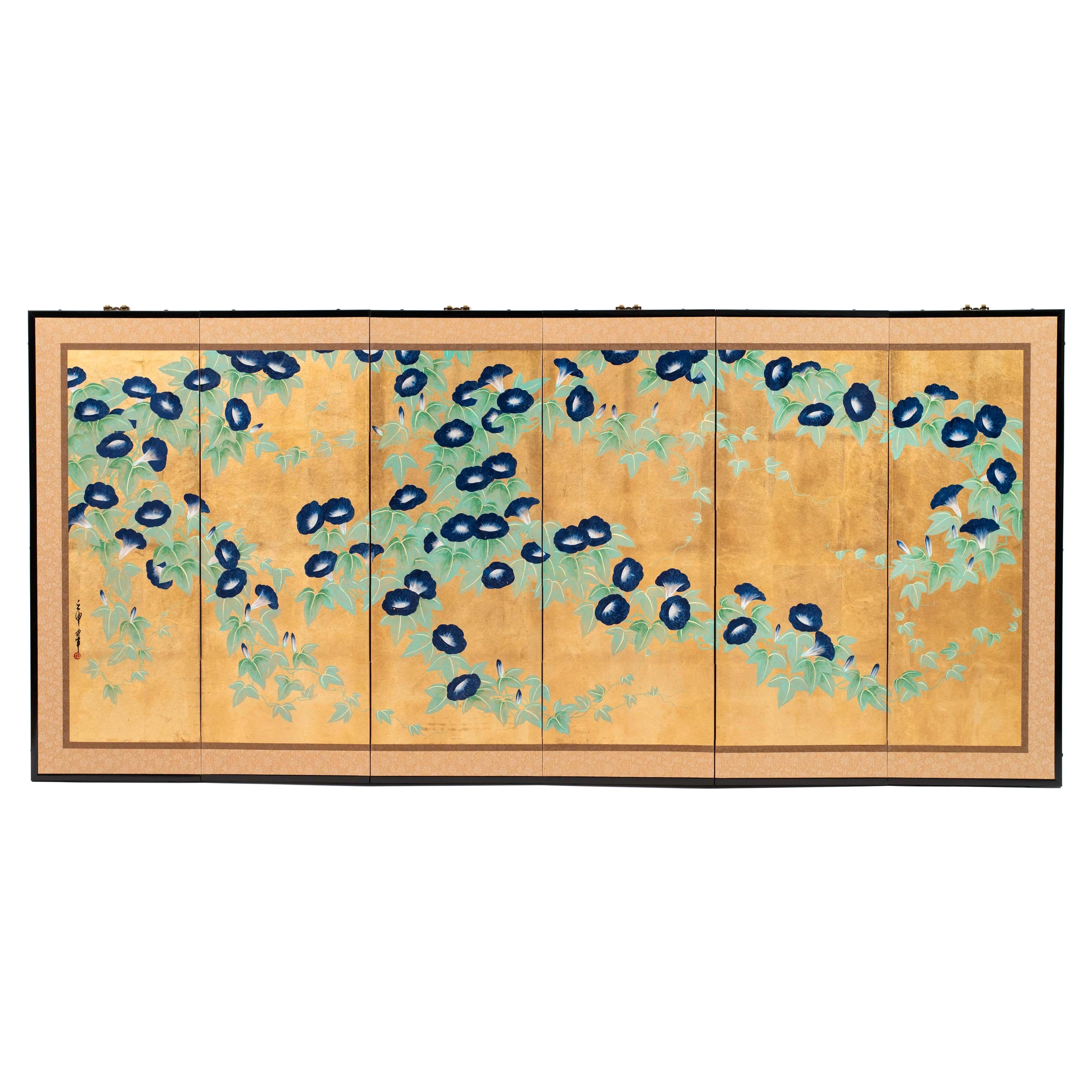 Contemporary Hand-Painted Japanese Screen of Morning Glory