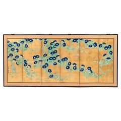 Contemporary Hand-Painted Japanese Screen of Morning Glory