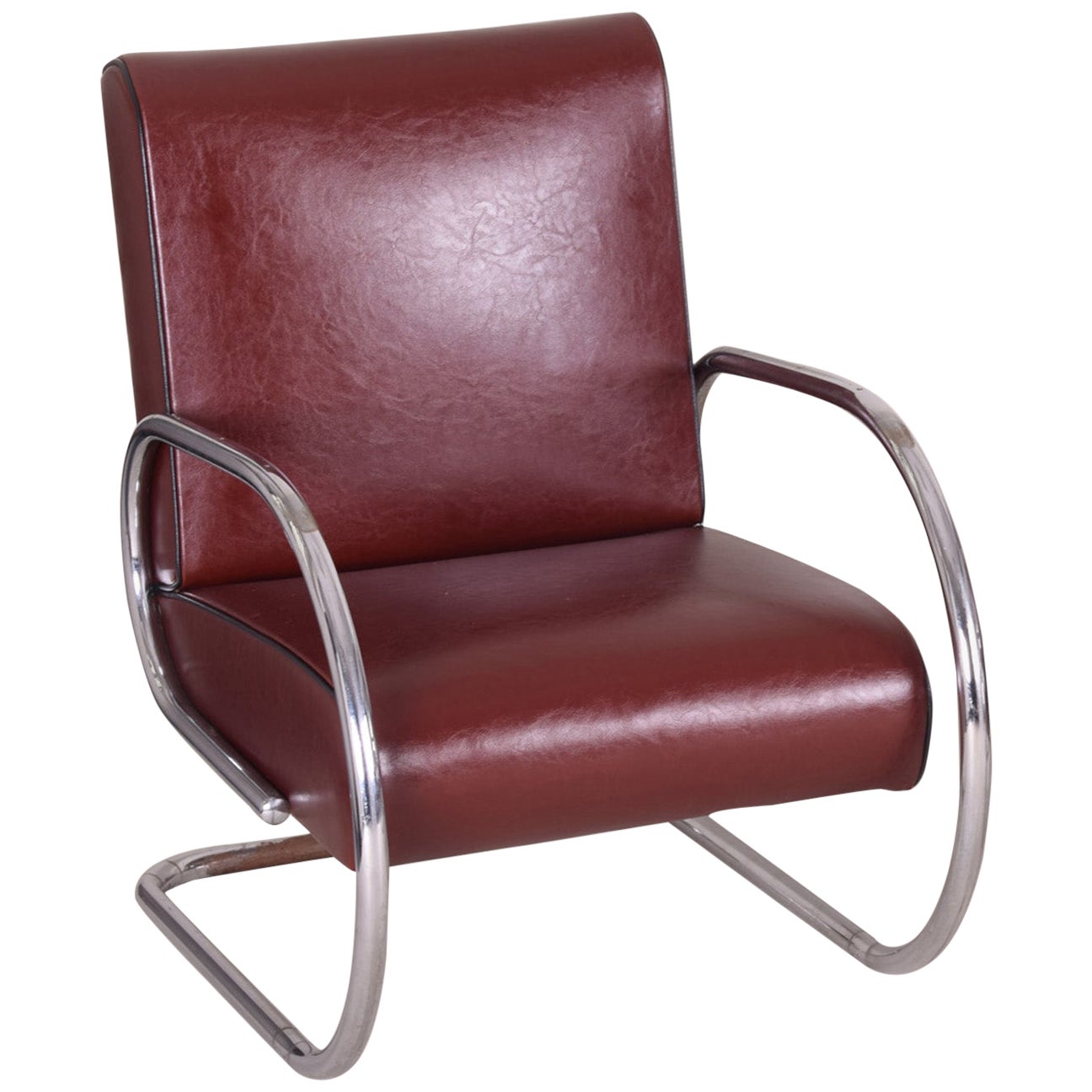 Burgundy Tubular Armchair, New High Quality Leather Upholstery, 1930s For Sale