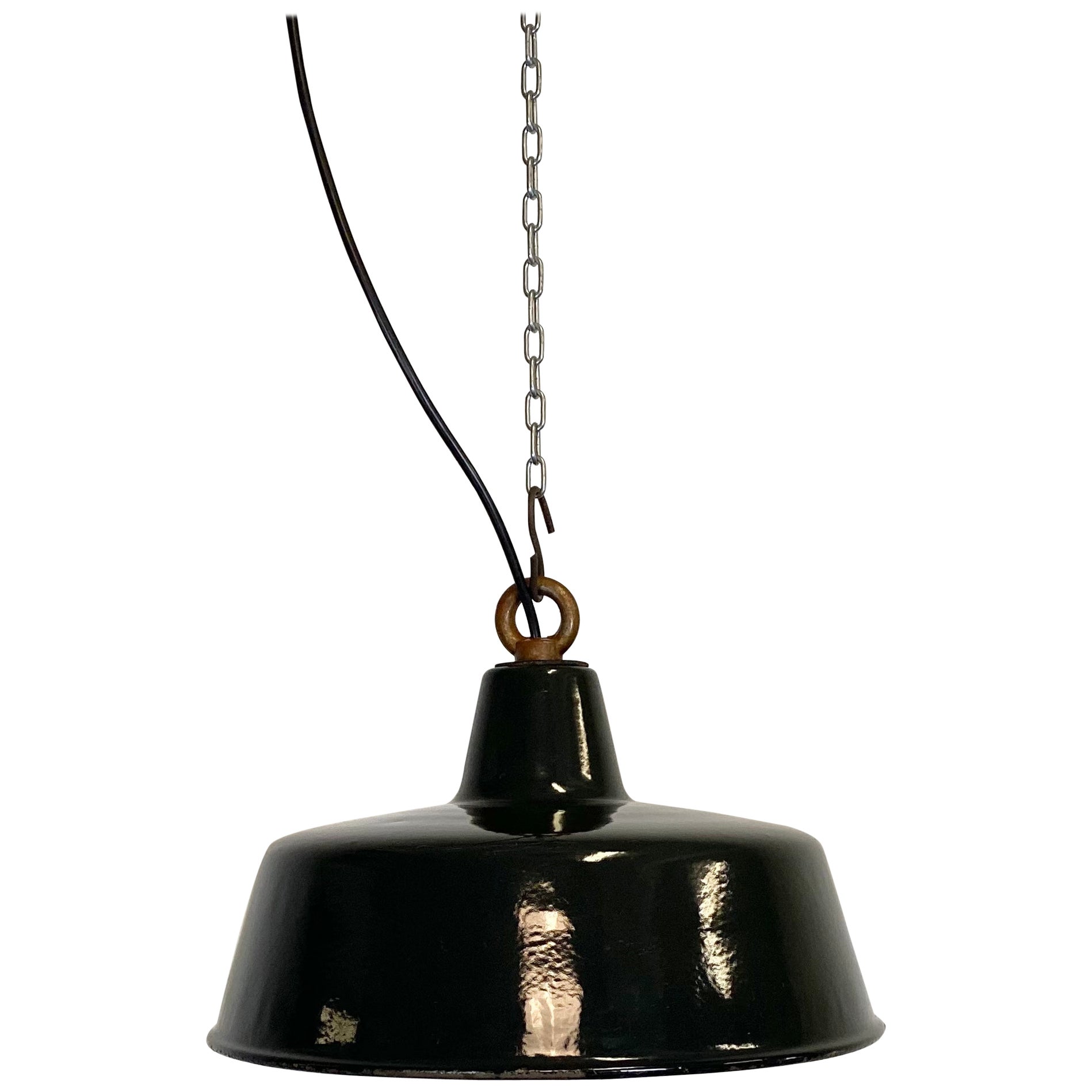 Black Enamel Industrial Pendant Lamp, 1930s