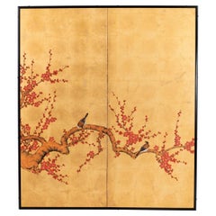 Contemporary Hand-Painted Japanese Screen of Red Plum Blossom and Birds