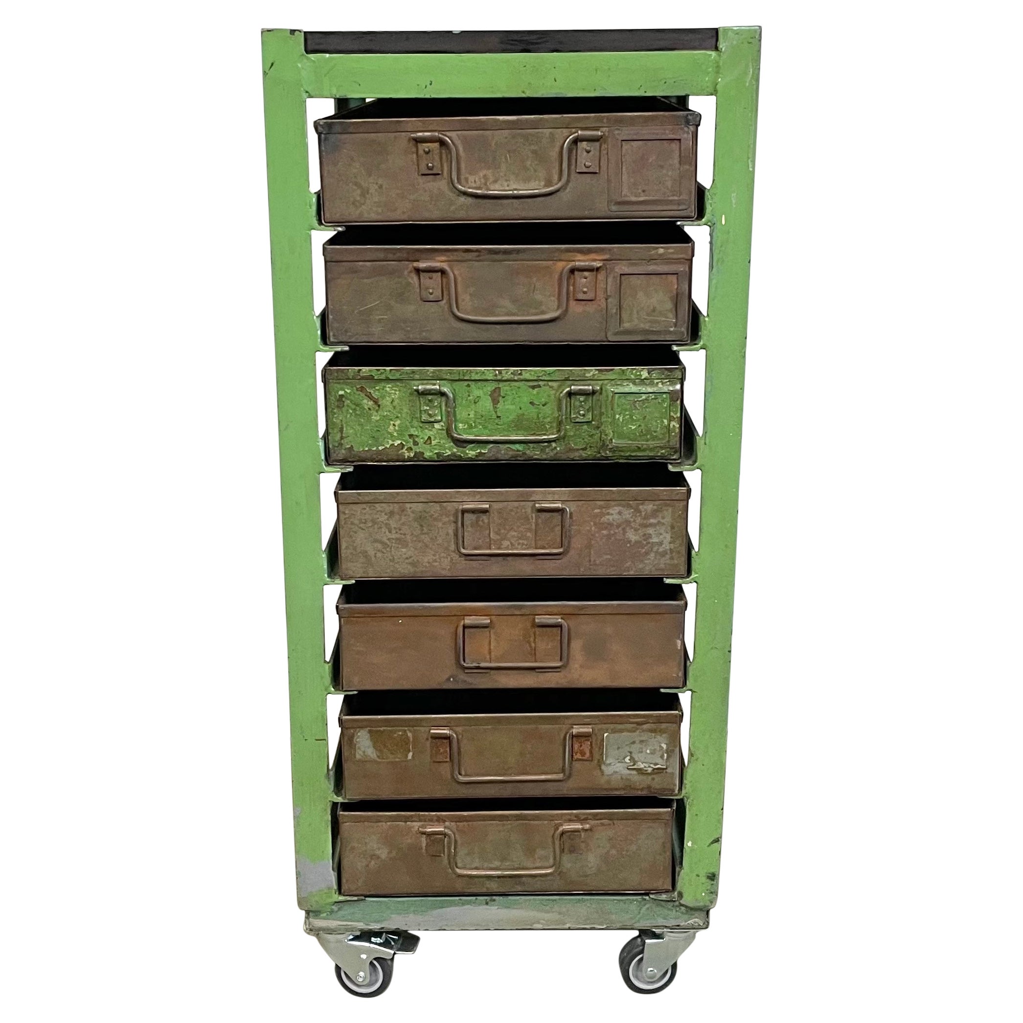 Vintage Green Industrial Iron Chest of Drawers on Wheels, 1950s
