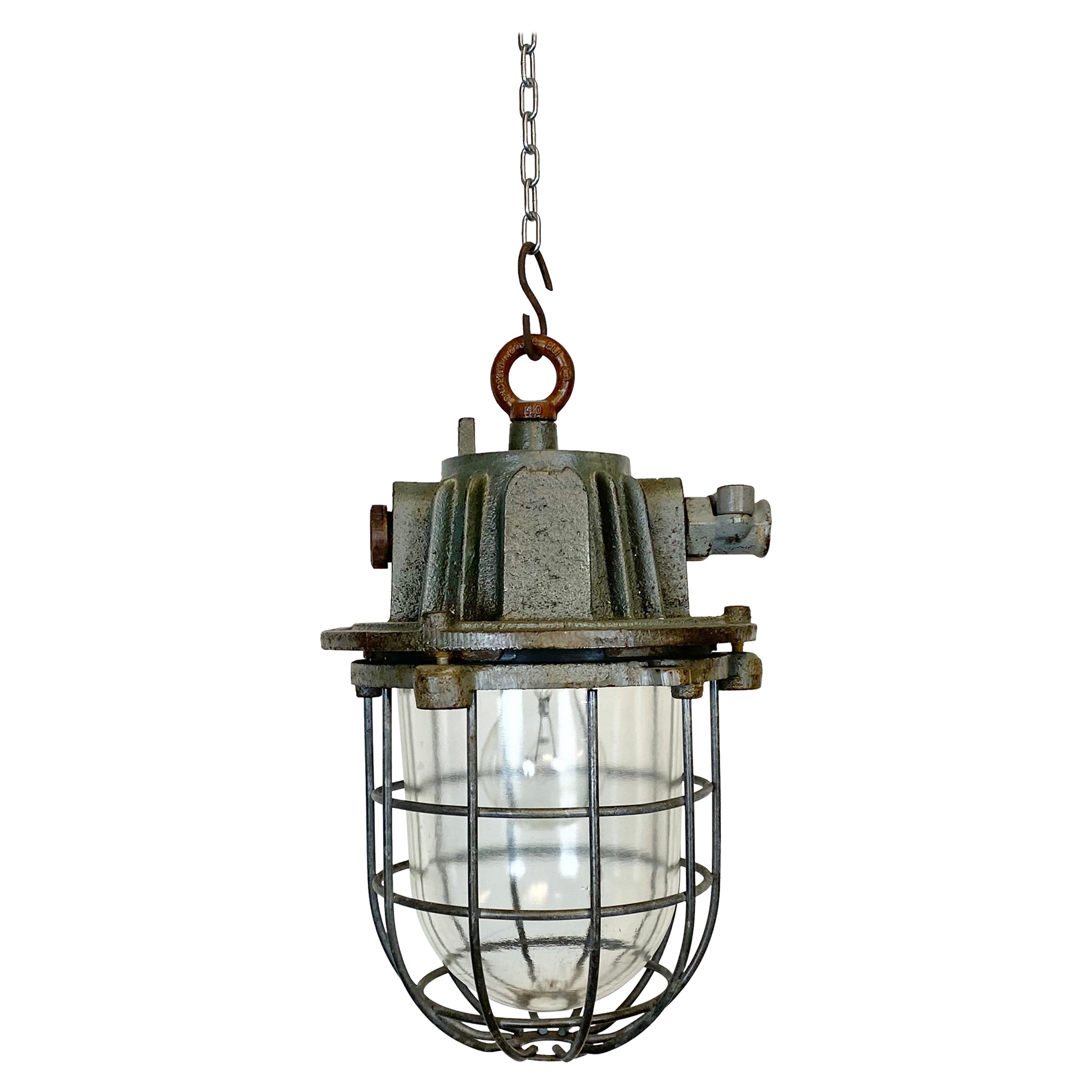 Grey Industrial Cast Iron Cage Pendant Light, 1960s For Sale