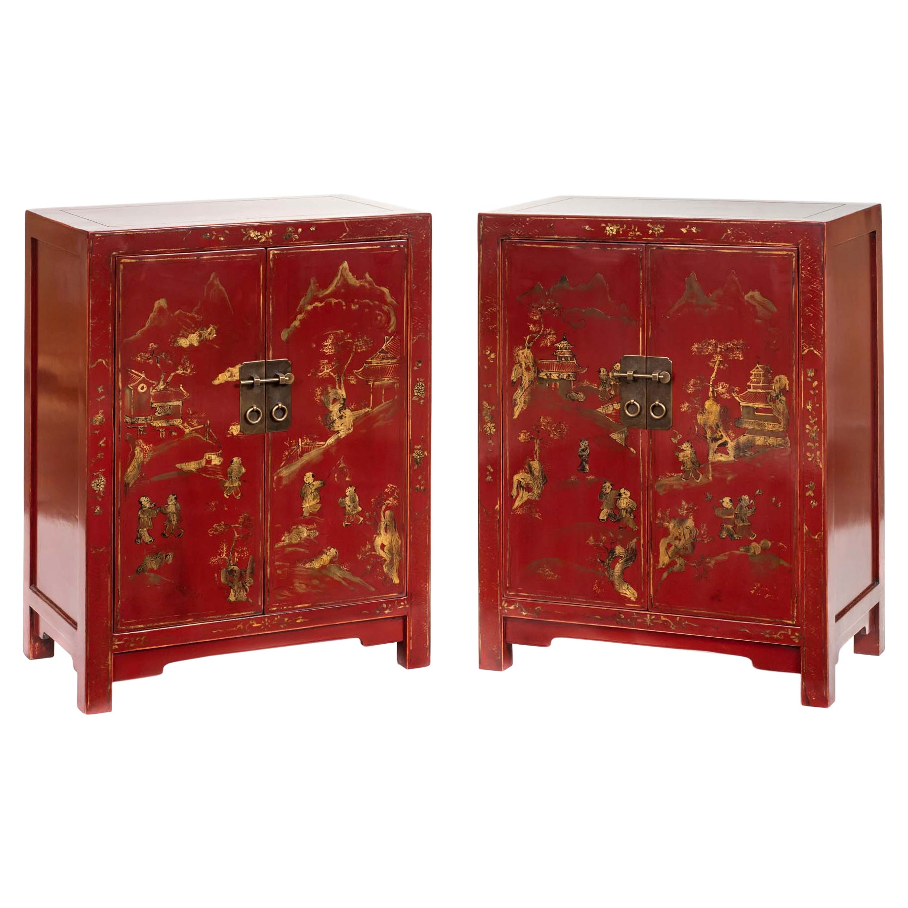 Pair of Small Red Lacquer Cabinets Handpainted with Gilt Children in Courtyard