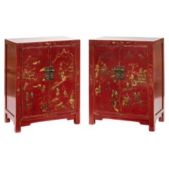 Pair of Small Red Lacquer Cabinets Handpainted with Gilt Children in Courtyard