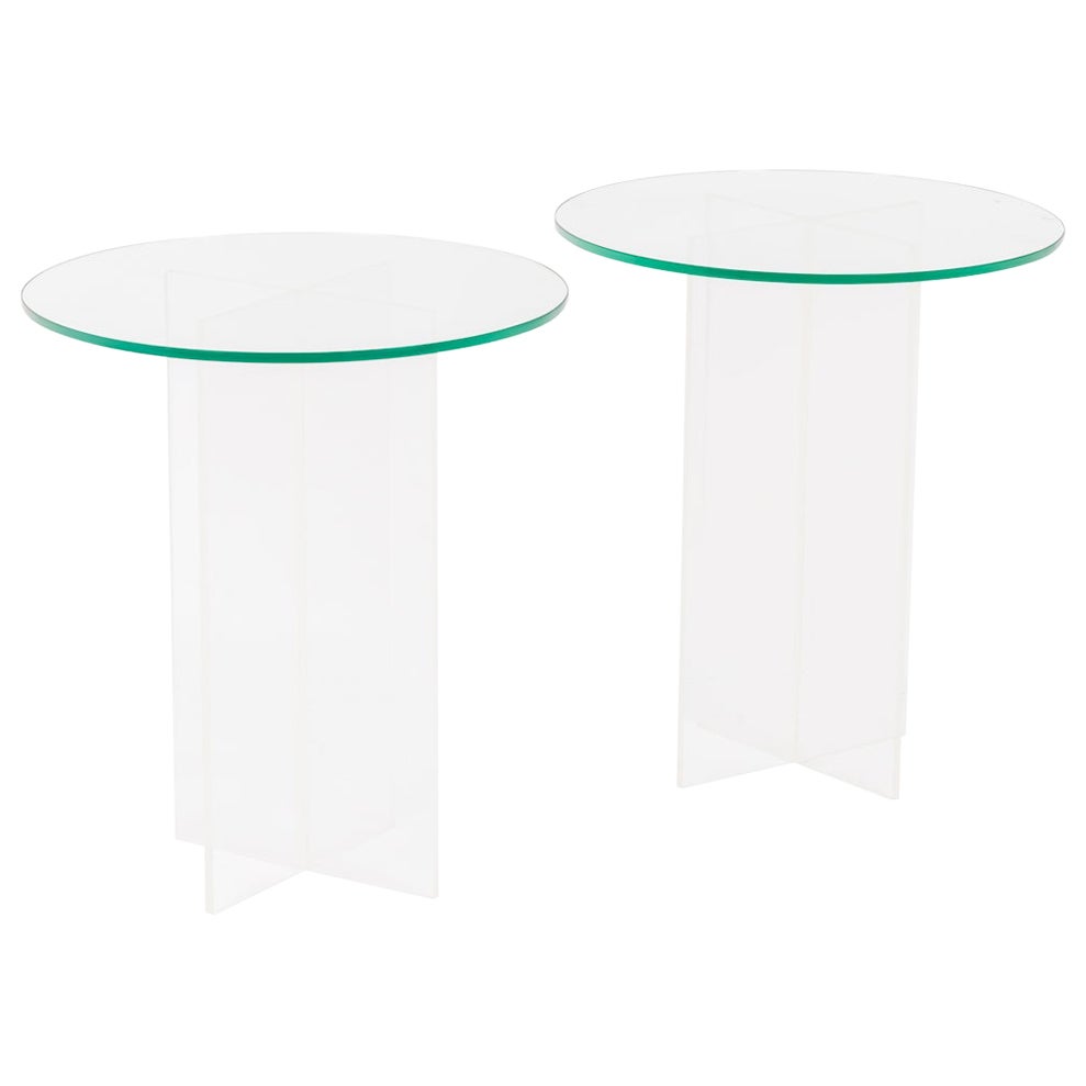 Pair of Glass and Altuglas Pedestal Tables, 1980's For Sale