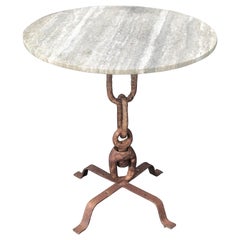 French Mid-Century Wrought Iron & Travertine Dining /Side or Garden Table, 1940