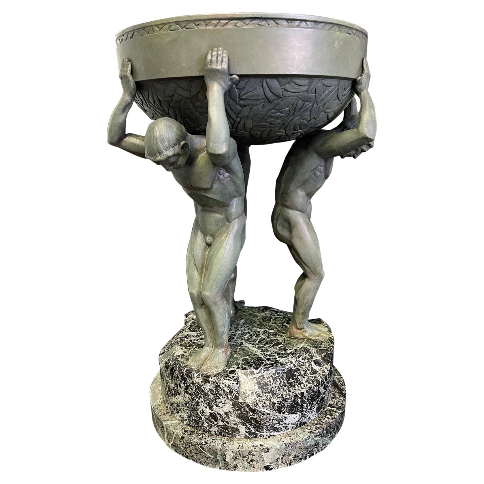 Verdigris Bronze Art Deco Centerpiece Supported by Three Nude Male Figures For Sale