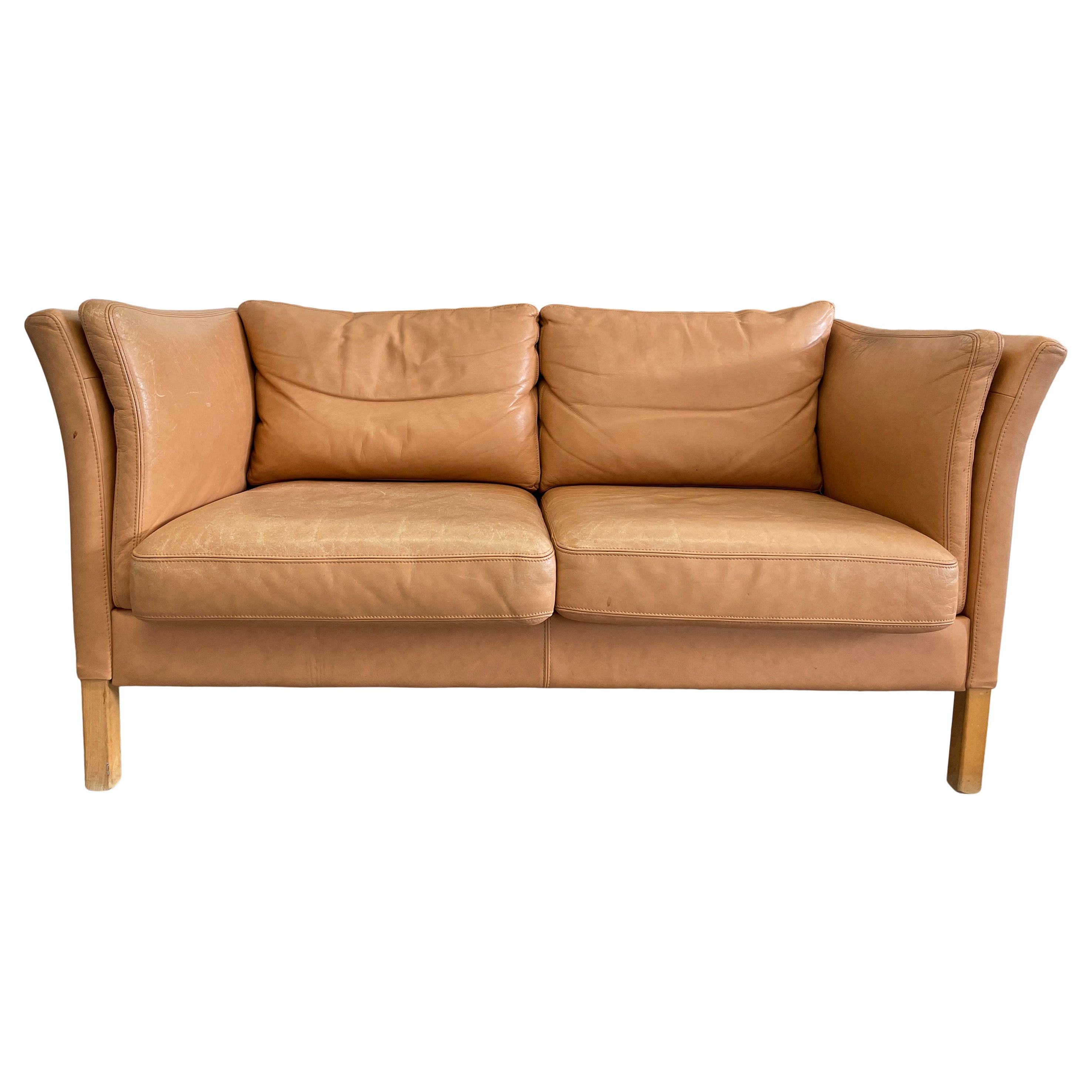 Mid Century Danish Modern Beautiful Tan Leather 2 Seat Sofa Birch Legs