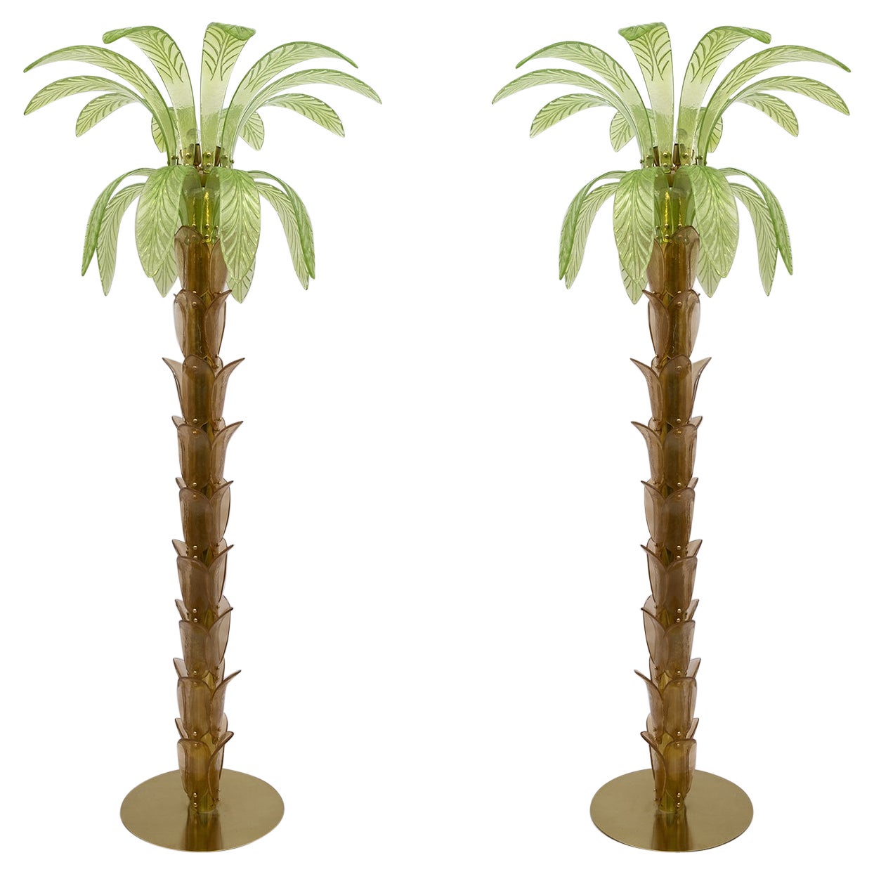 Pair of Murano Glass and Brass Palm Tree Floor Lamp, 1970s