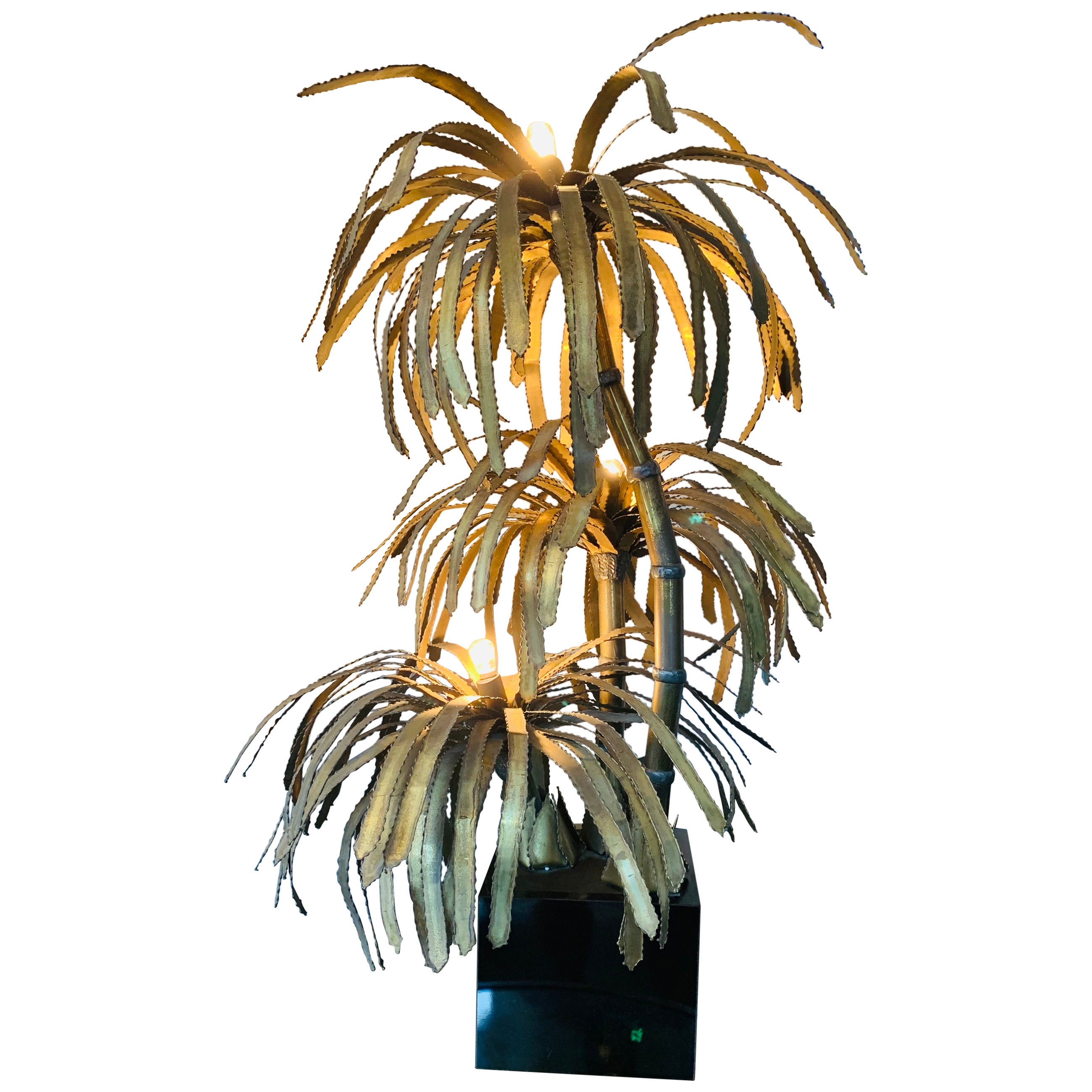 1970s French Maison Jansen Brass 3 Branch Palm Tree Table or Floor Lamp