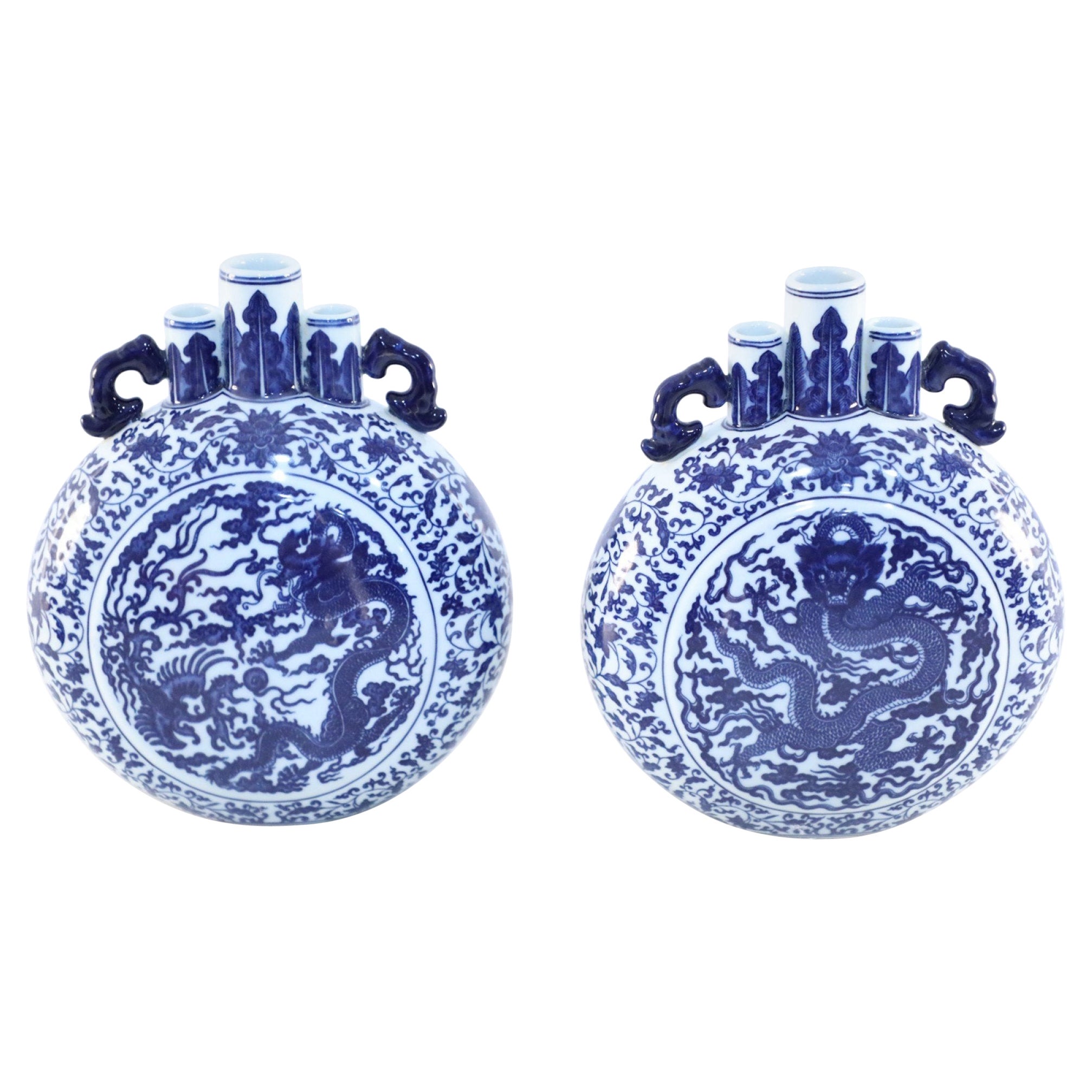 Pair of Chinese Blue and White Porcelain Moon Flask Vases
