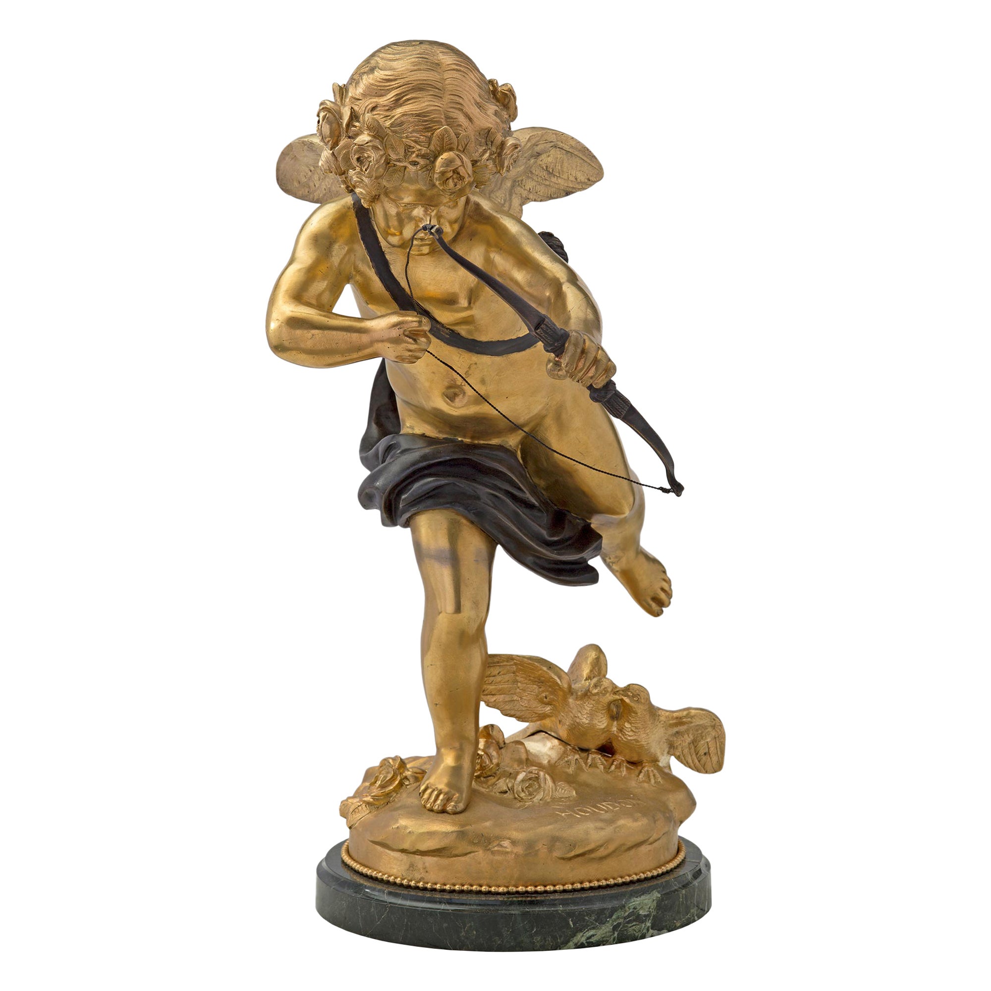 French 19th Century Ormolu, Patinated Bronze and Marble Statue, Signed Houdon For Sale
