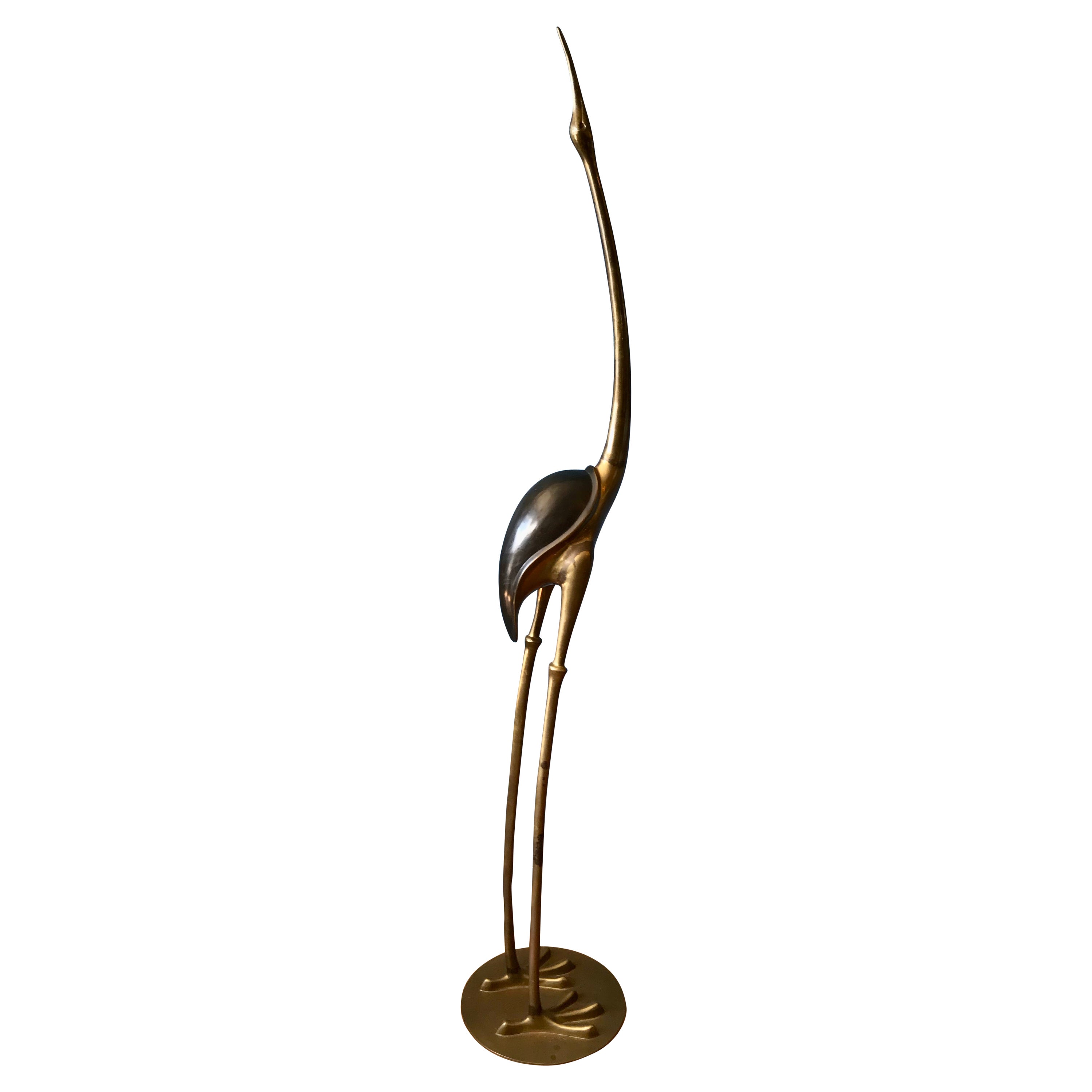 Life Size Mid Century Brass Figure of a Crane