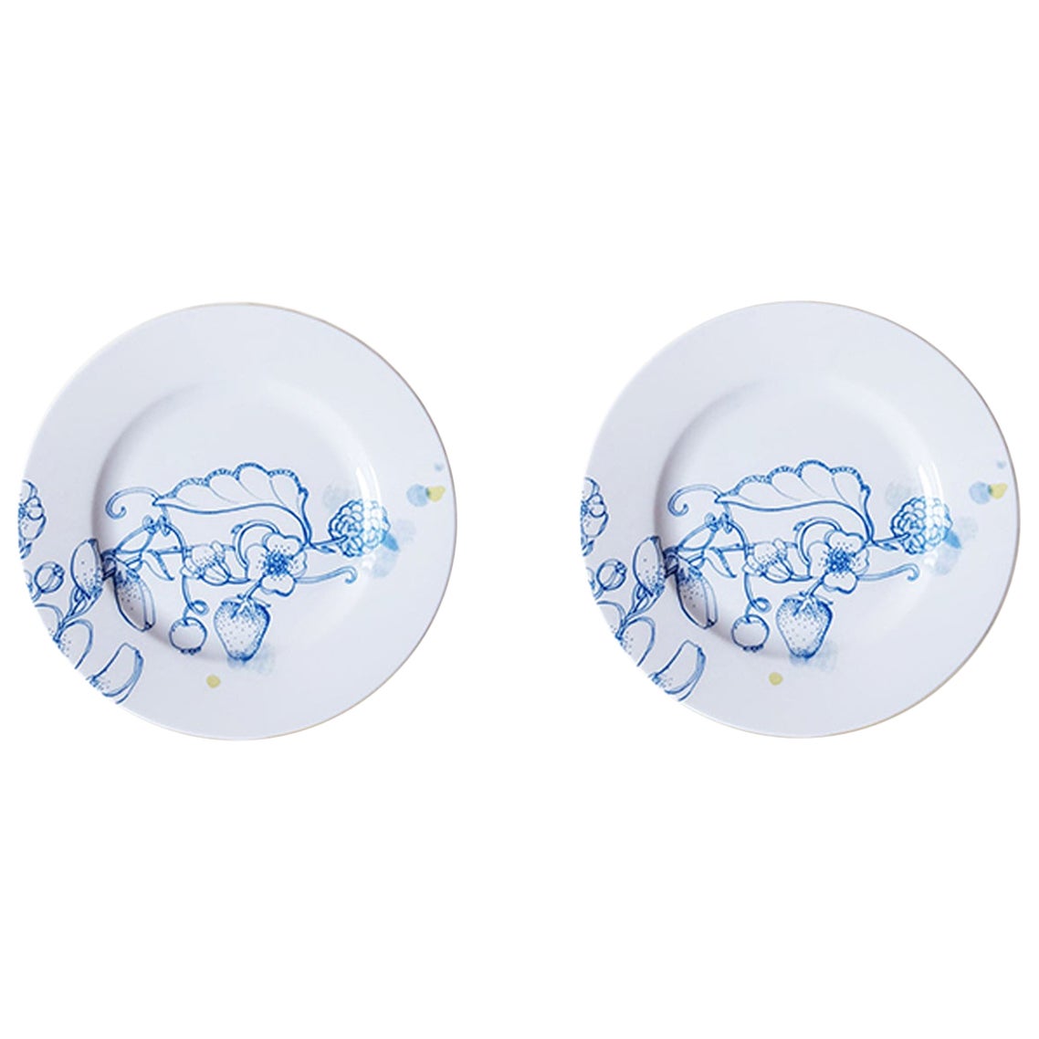 Blauer Sommer, zeitgenössisches Porzellan-Brotteller-Set mit blauem Blumenmuster im Angebot