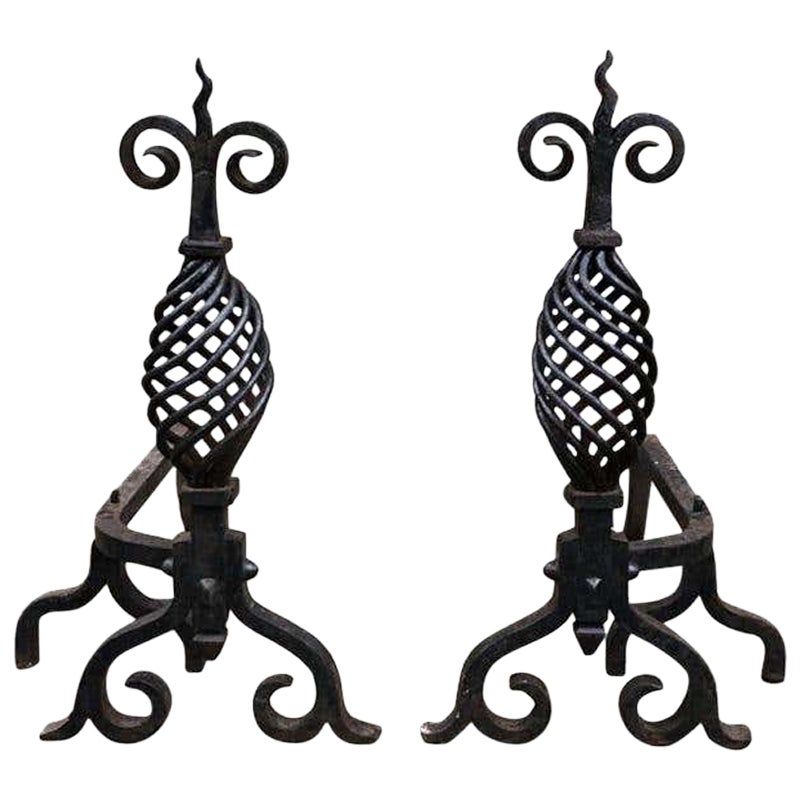 19th Century Handwrought Iron Gothic Fireplace Andirons Firedogs