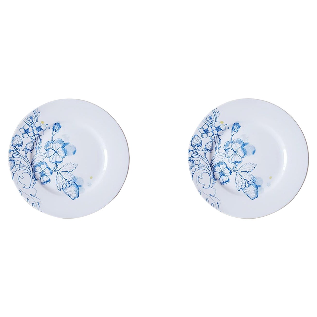 Blue Summer, Contemporary Porcelain Dessert Plates Set with Blue Floral Design