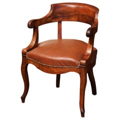 19th Century French Directoire Carved Walnut Desk Armchair with Beige Leather