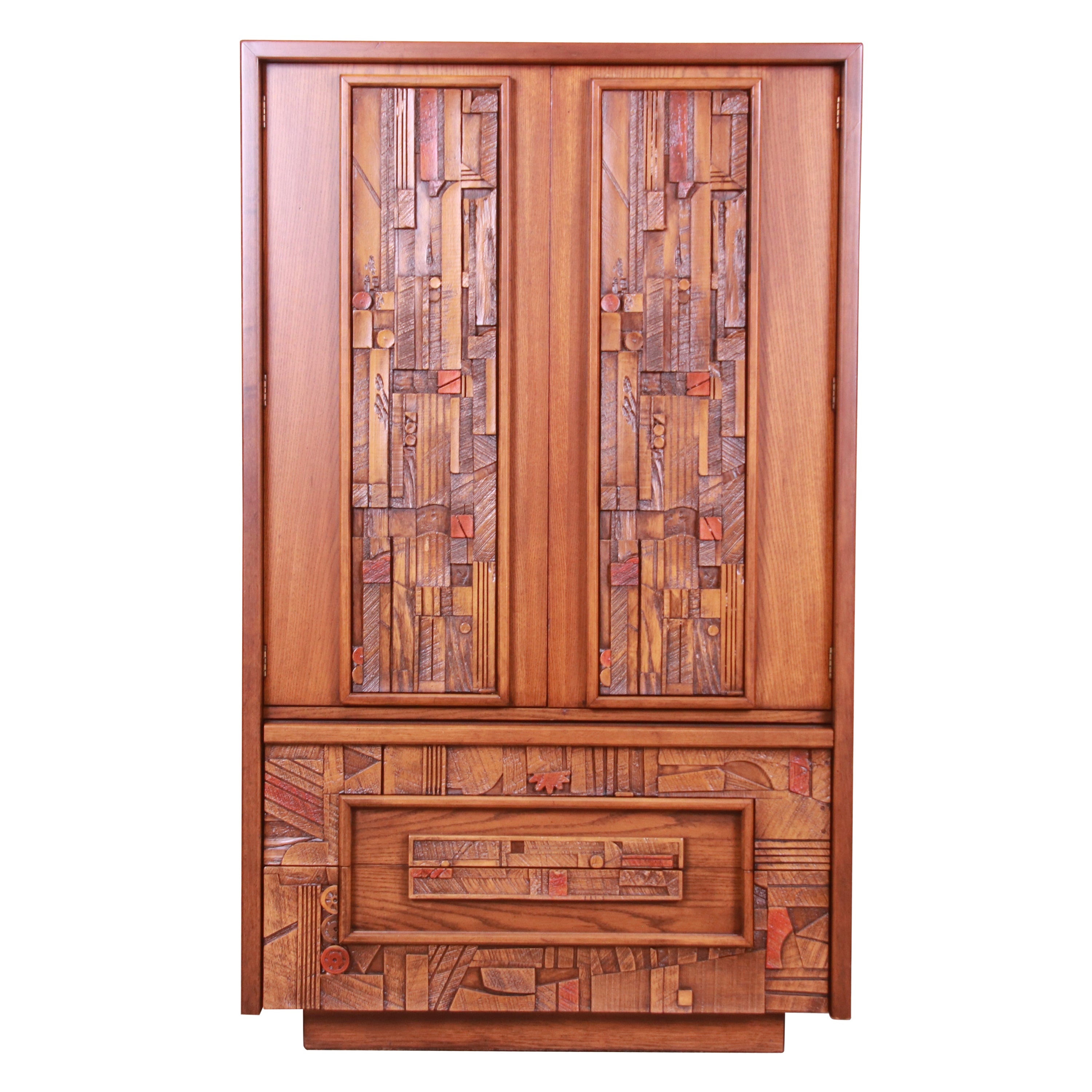 Paul Evans Style Lane Pueblo Brutalist Mid-Century Modern Oak Armoire Dresser