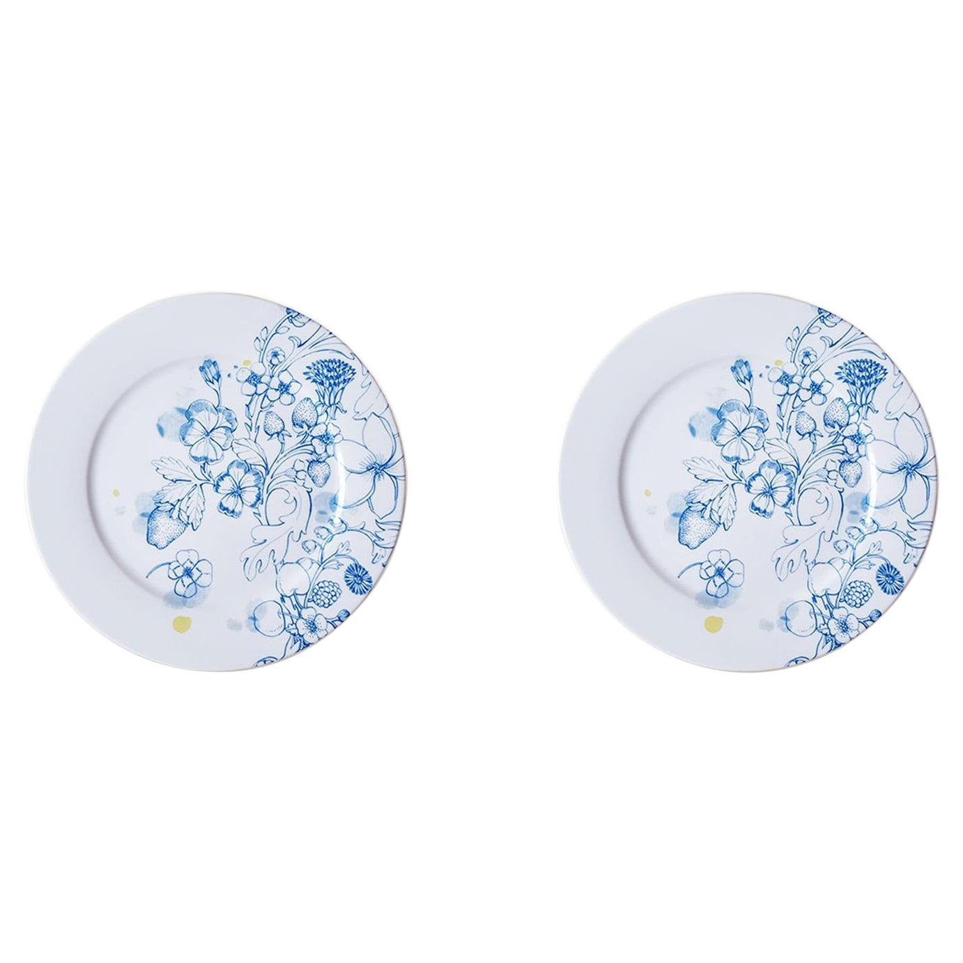 Blauer Sommer, zeitgenössisches Porzellan-Essteller-Set mit blauem Blumenmuster im Angebot
