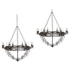 Pair of Italian Baroque Style Large Wrought Iron 12-Light Chandeliers, ca. 1900