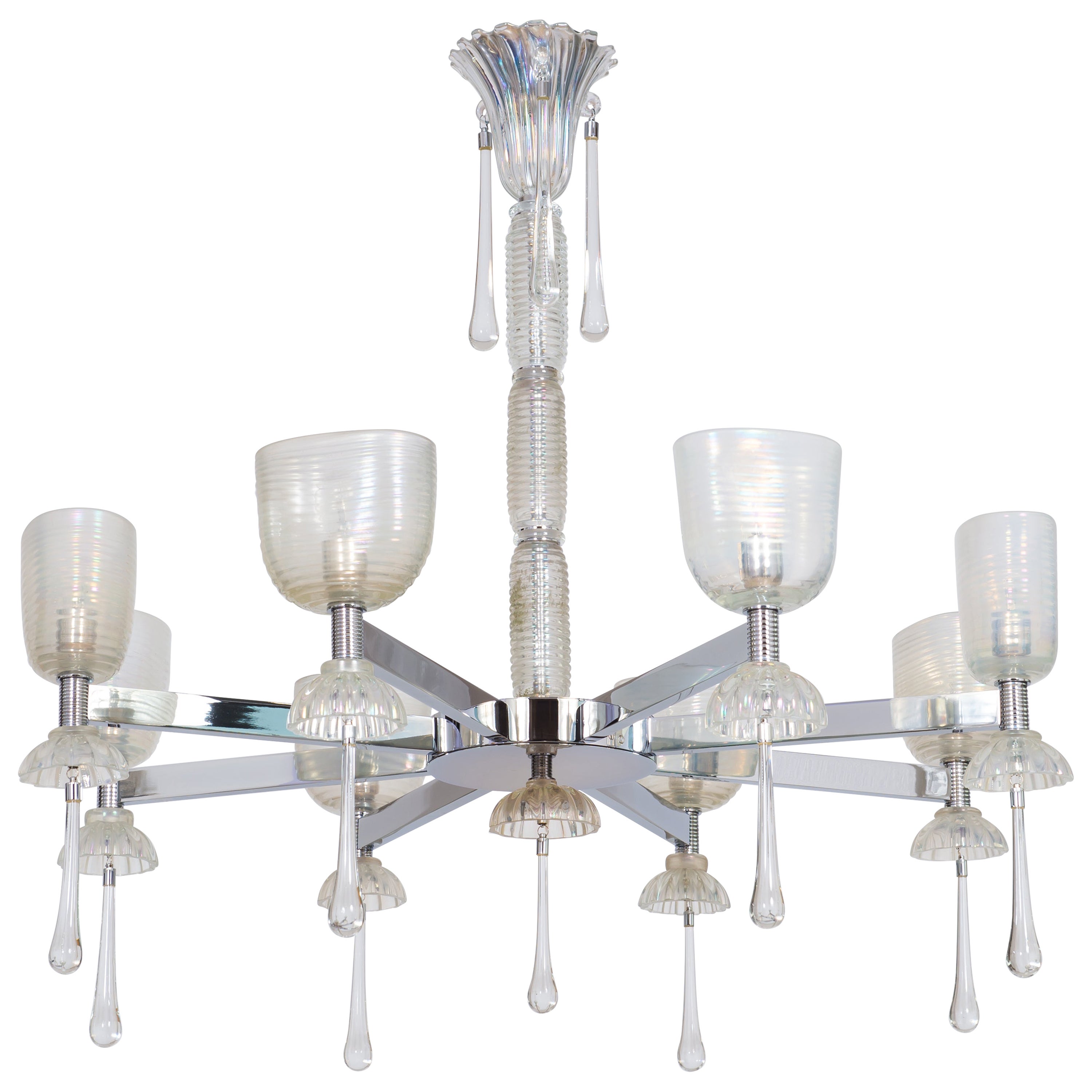 Iridescent Chandelier in Blown Murano Glass and Chromed Contemporary Italy