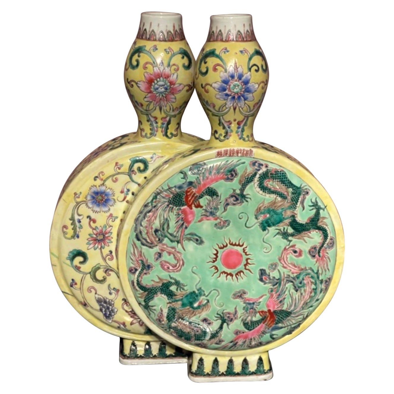 Vase flanqueur chinois Famille Rose à double lune