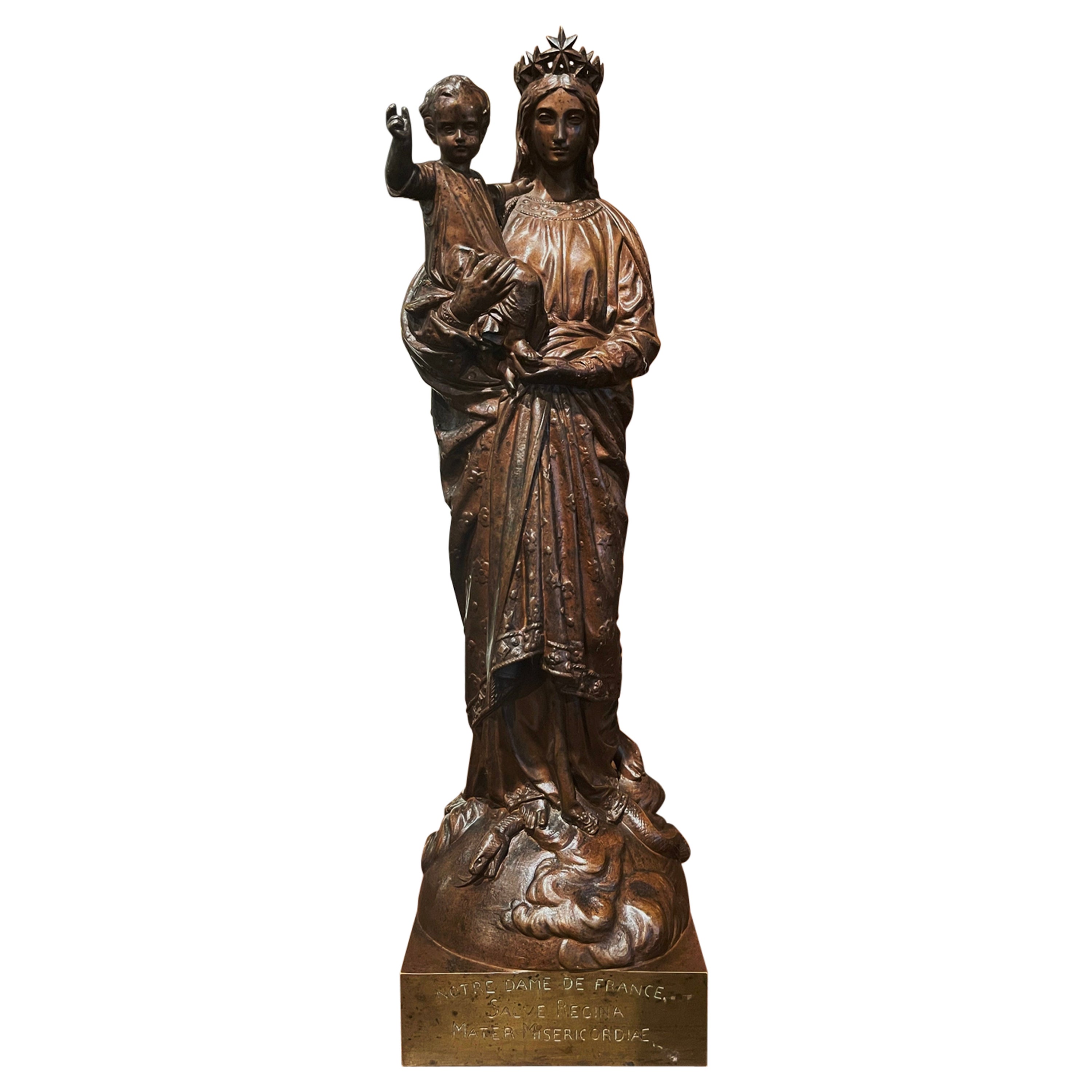 19th Century Patinated Bronze Statue of "Notre Dame de France" Holding Jesus