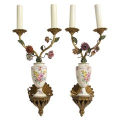 19th Century French Floral Porcelain 2 Arm Wall Sconces
