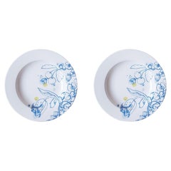 Blu Summer, Contemporary Porcelain Pasta Plates Set with Blue Floral Design