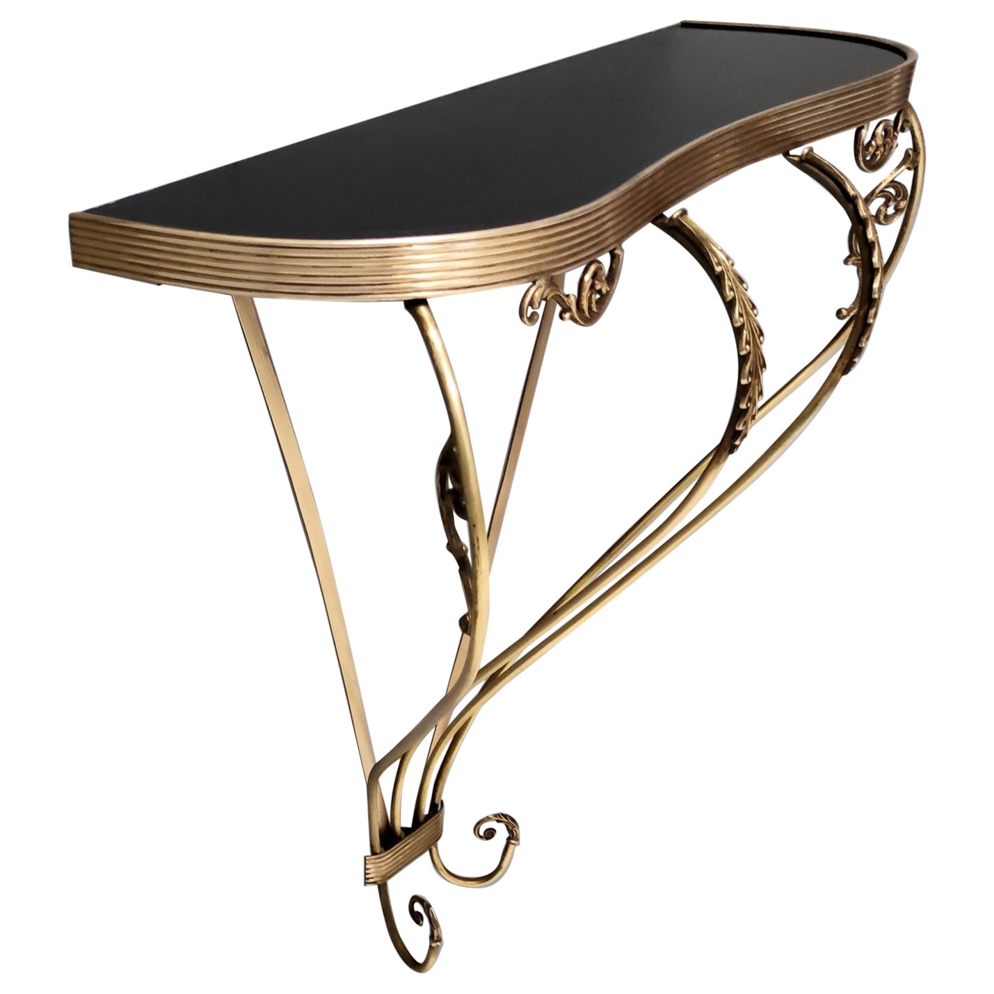 Vintage Wall Mounted Brass Console Table with Demilune Black Glass Top, Italy 3