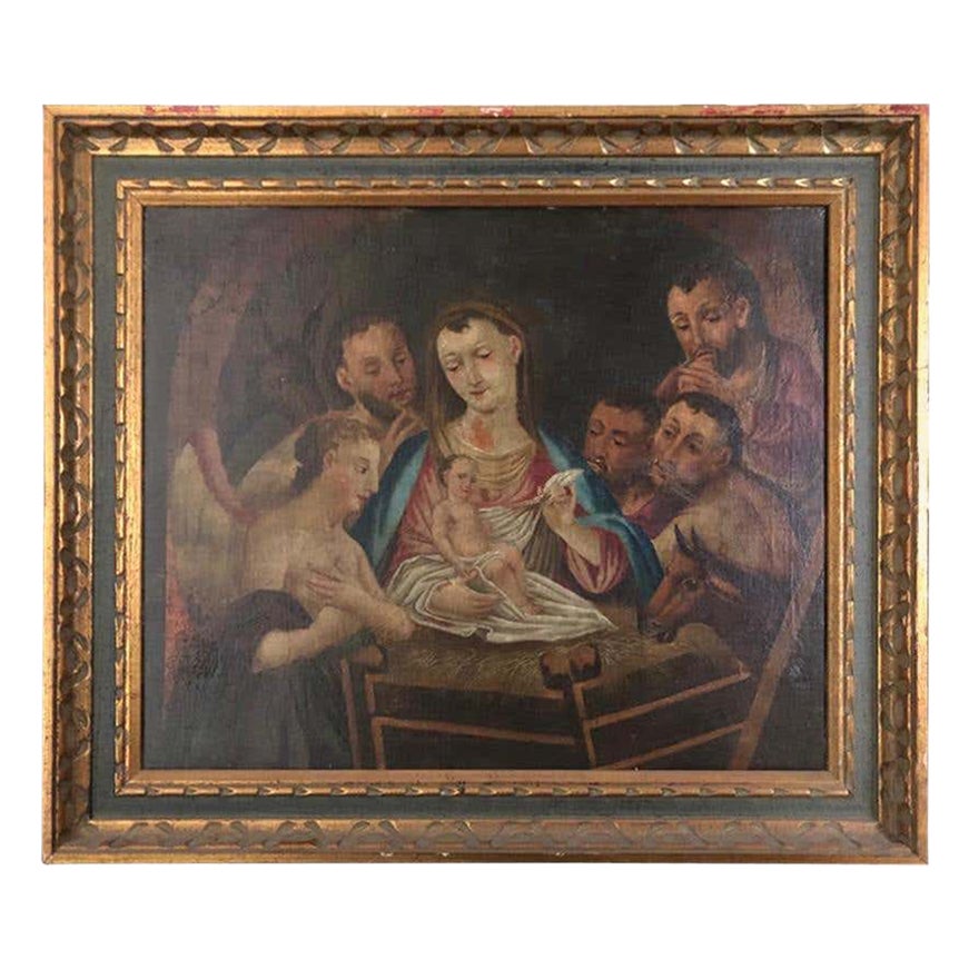 19th Century Italian Oil on Canvas of Jesus, Mary, Wise Men, Angel and Donkey