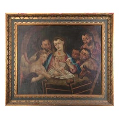 19th Century Italian Oil on Canvas of Jesus, Mary, Wise Men, Angel and Donkey
