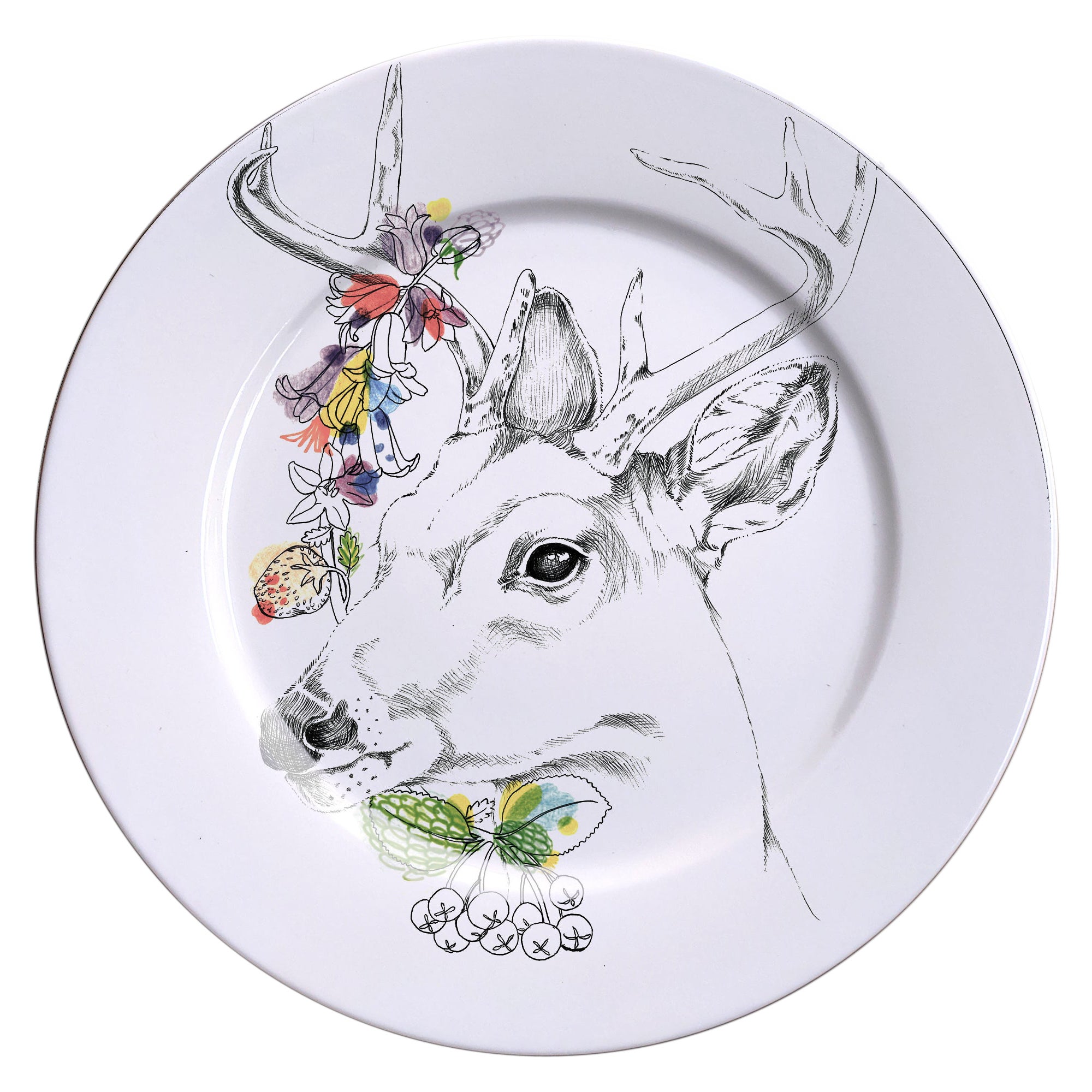 Ode to the Woods, Contemporary Porcelain Dinner Plate with Deer and Flowers