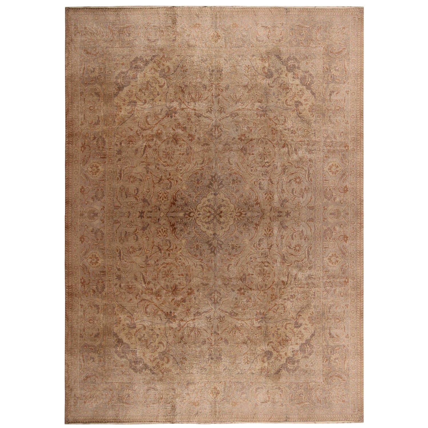 Antique Tabriz Floral Beige-Brown Wool Persian Rug by Rug & Kilim For Sale