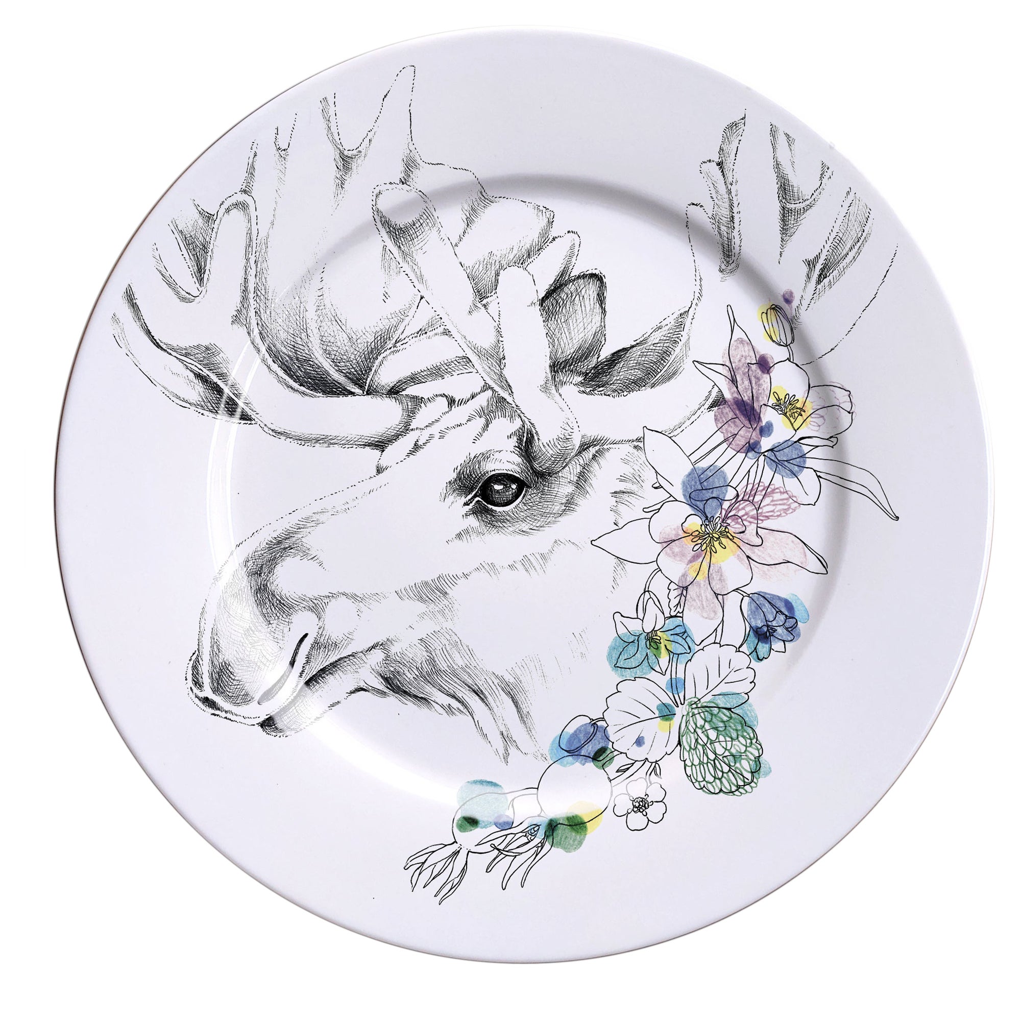 Ode to the Woods, Contemporary Porcelain Dinner Plate Whit Moose and Flowers For Sale