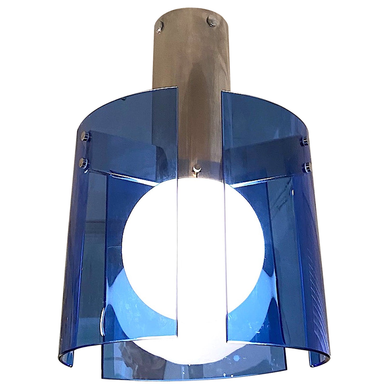 Veca of Italy 1970s Chrome & Blue Glass Panel Pendant or Ceiling Mount Light