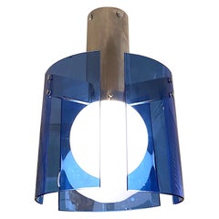 Veca of Italy 1970s Chrome & Blue Glass Panel Pendant or Ceiling Mount Light