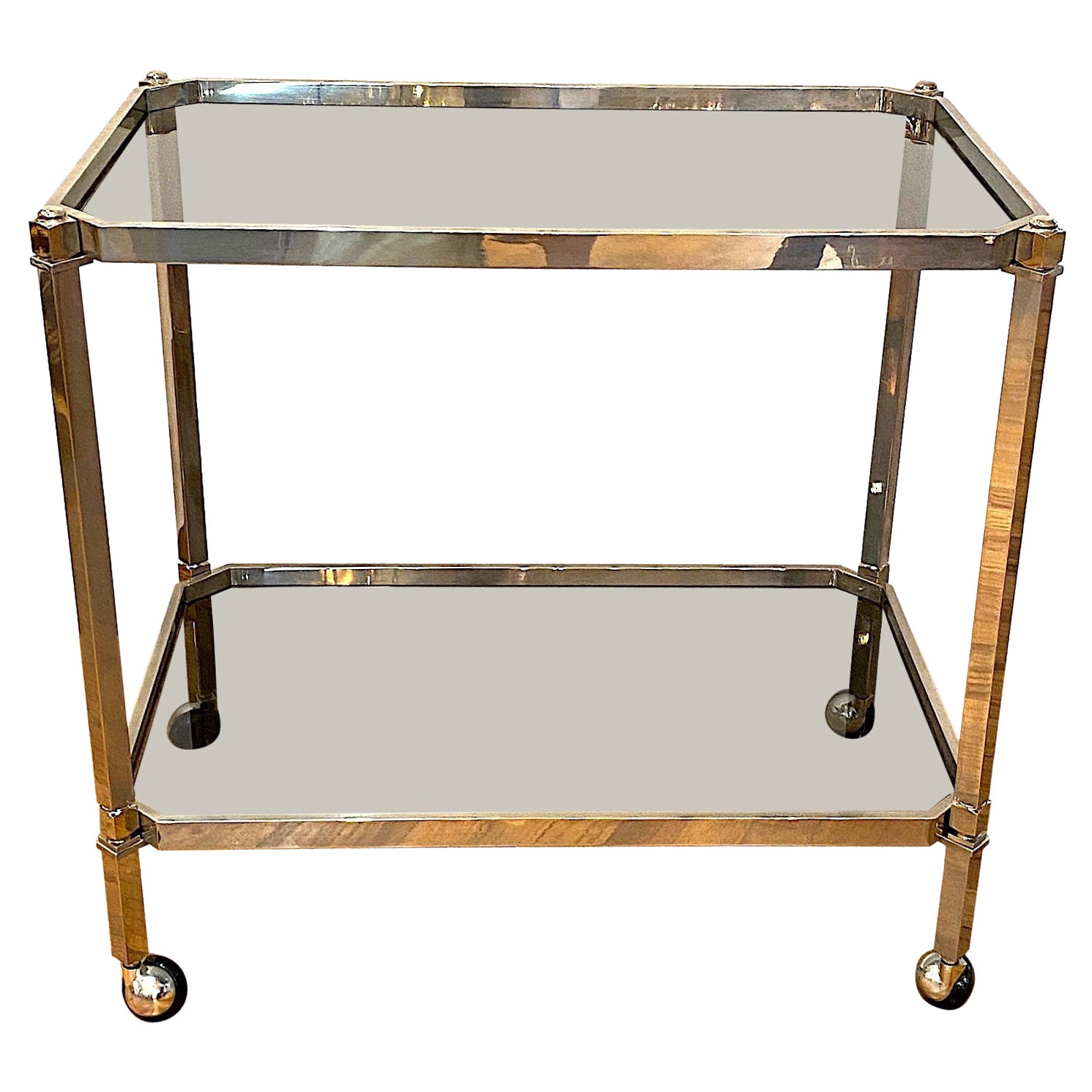 Italian 1970s Chrome and Smoke Glass Bar or Serving Cart